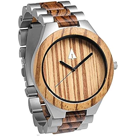 Treehut Men's Wooden Silver Stainless Steel Premium Quality Watch Quartz Analog Wrist Watch, Natural Brown Zebrawood 1 Cover