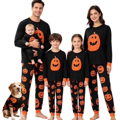 Family Matching Halloween Pajamas Set - Pumpkin Print Long-Sleeve Sleepwear for Family Holiday...