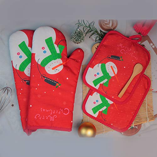 WinChange Oven Mitts and Potholders BBQ Gloves-Oven Mitts and Pot Holders with Recycled Cotton Infill Silicone Non-Slip Cooking Gloves for Cooking Baking Grilling (4-Piece Set) (Red Christmas Snow)