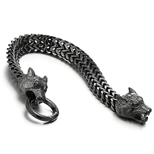 COOLSTEELANDBEYOND Biker Acier Inoxydable Nori Loup Tête Bracelet Homme Lien Franco Chaîne Gourmette - avec Fermoir à Ressort