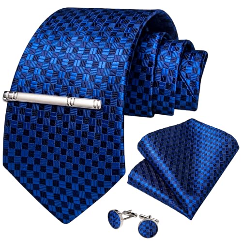 Image of DiBanGu Plaid Ties for Men Silk Checkered Necktie and Pocket Square Cufflinks Tie Clip Set with Gift Box for Wedding Business