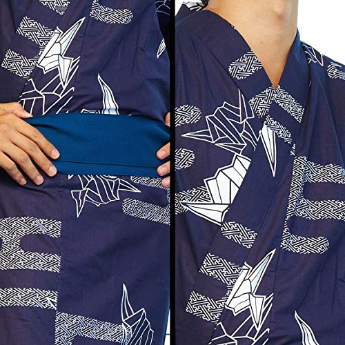 YUKATA men with wide sash belt. made in Japan. japanese robe for men Midori Yukata Kimono ”Navy Paper Crane/紺折鶴”3