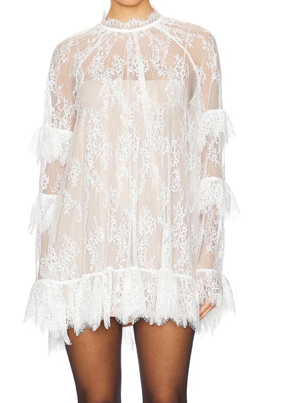 Women See Through Long Sleeve Lace Mini Dress Ruffle Layered Sheer Lace Short Dresses Sexy Going Out Cover Up Dresses White