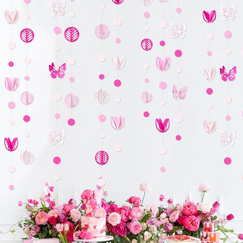 Image of Spring Party Decorations Hot Pink White 3D Butterfly Tulip Flower Leaf Circle Dot Garland Hanging Paper Streamer for Pink Spring Summer Wedding Engagement Bridal Shower Birthday Tea Party Supplies