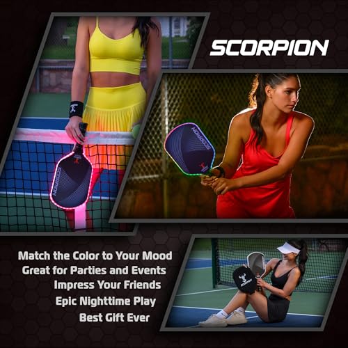 Image of SCORPION LED Pickleball Paddles Set of 2 or 1 - Lightweight Rackets with LED Edge Lighting | Carbon Fiber /Fiberglass /Wood Face | Durable Paddles for Women, Men, and Kids | Includes Bonus Accessories