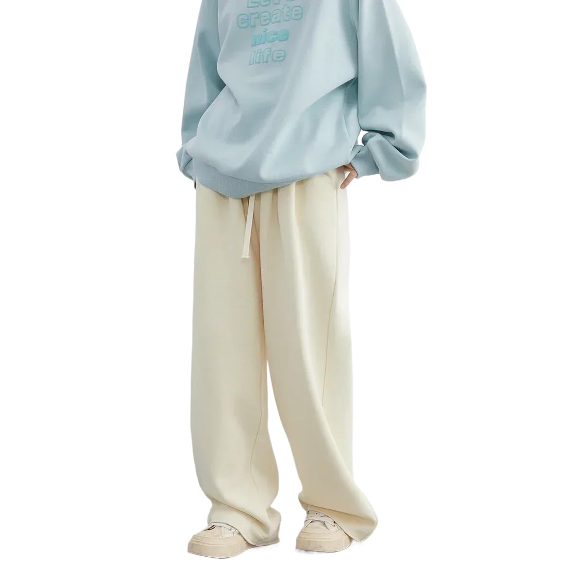 Womens Casual Wide Leg Pants with Elastic Waist and Drawstring Loose Fit Fleece-Lined Trousers for Autumn Winter Beige