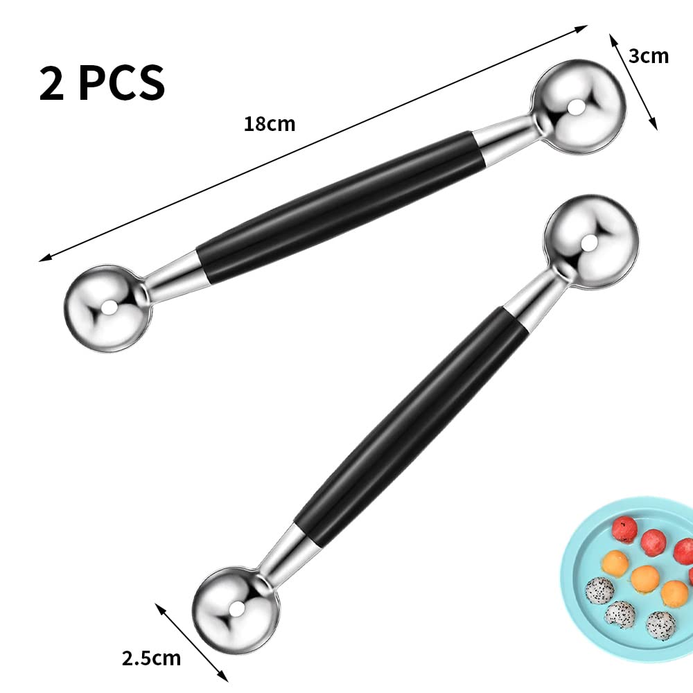 2Pcs Cuchara de Helado de Doble Cara, Cucharas de Melón de Acero Inoxidable, Cuchara de Bolas Redondas para Postre Ensalada Frutas, Plateado