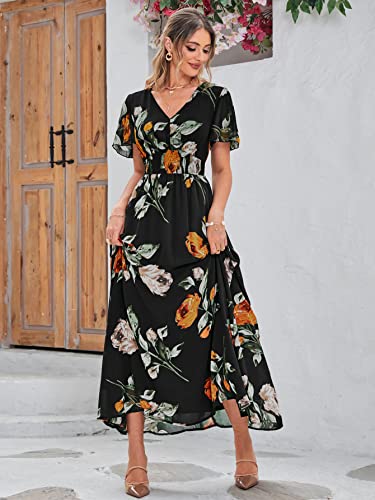 Image of Simplee Women's Boho Floral Maxi Dress Flowy Casual V Neck Short Sleeve Wedding Guest Holiday Beach Long Dress