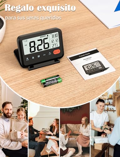 Miniatura 7 de Meesmeek Reloj Despertador Digital De Viaje: Reloj Lcd Con Fecha, Temperatura, 12 24 Horas, Fin De Semana Y 2 Volumen, Reloj De Escritorio Plegable Para Niños, Oficina, Dormitorio Batería Incluida