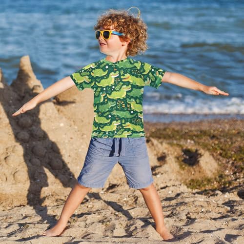 Cute Cartoon Crocodiles Bathing Suit Kids Short Sleeves Basketball Tshirt Swimwear Beach Tops 3T4