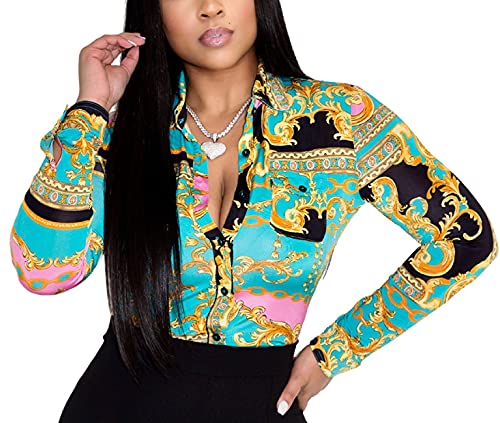 Blouses for Women Dressy Casual Colorful Long Sleeve Shirt Floral Print Tops Loose Collar Sexy T-Shirts Fashion 2023