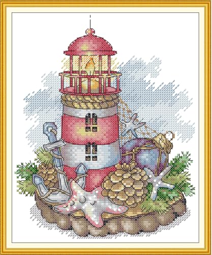 Image of CROSSDECOR Cross Stitch Kits for Adults,Stamped Cross Stitch Kits,DIY Needlepoint Kits for Beginners Counted Embroidery Craft Supplies for Home Decor,Lighthouses 7.8x10.2in