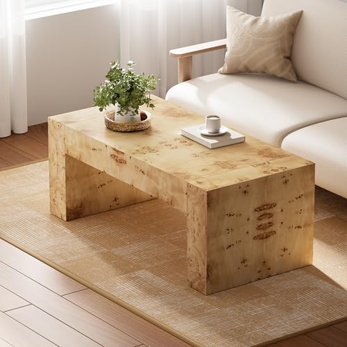 COZAYH Burl Finish Modern Wood Coffee Table with Thick Legs,
