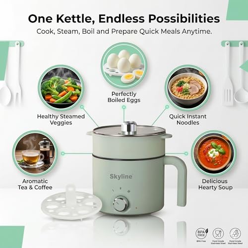 Image of Skyline Multi-Purpose Electric Kettle with Steamer and Egg Boiler, 1.5L, 600W, Temperature Control, VTL-9091 (Green)