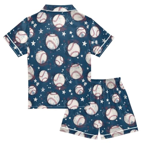 Navy Cartoon Baseball Pattern Summer Satin Pajama Set, Cute Button-Down Sleepwear Pj Set for Sleep Wears2