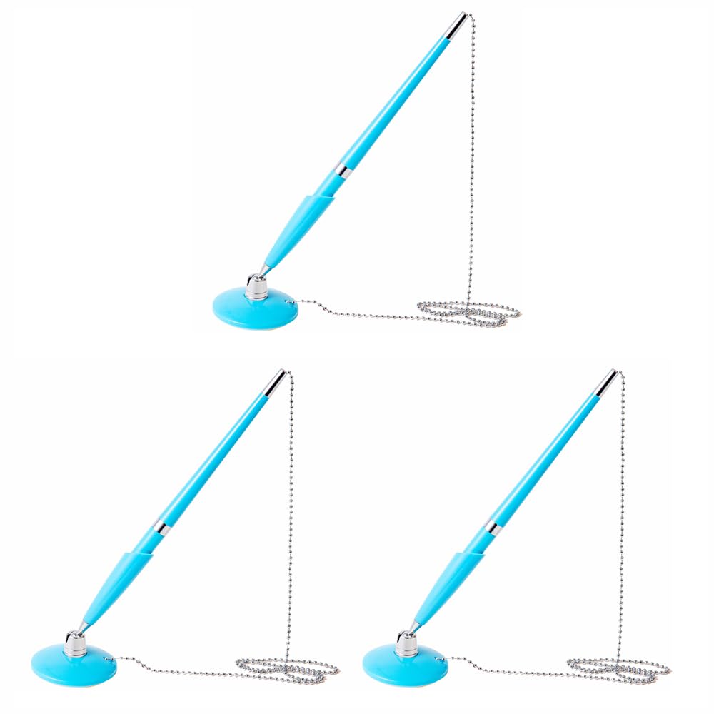 3Pcs Reception Pen with Chain and Base, Blue Ink Pen with Adhesive-Backed for Quality Reception Office