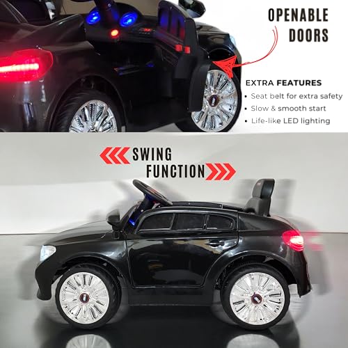 Image of MEKASHI Electric Ride-On Car for Kids 1-4 Years, 12V Battery, Remote Control, 3 Speed, LED Lights, Bluetooth, Black