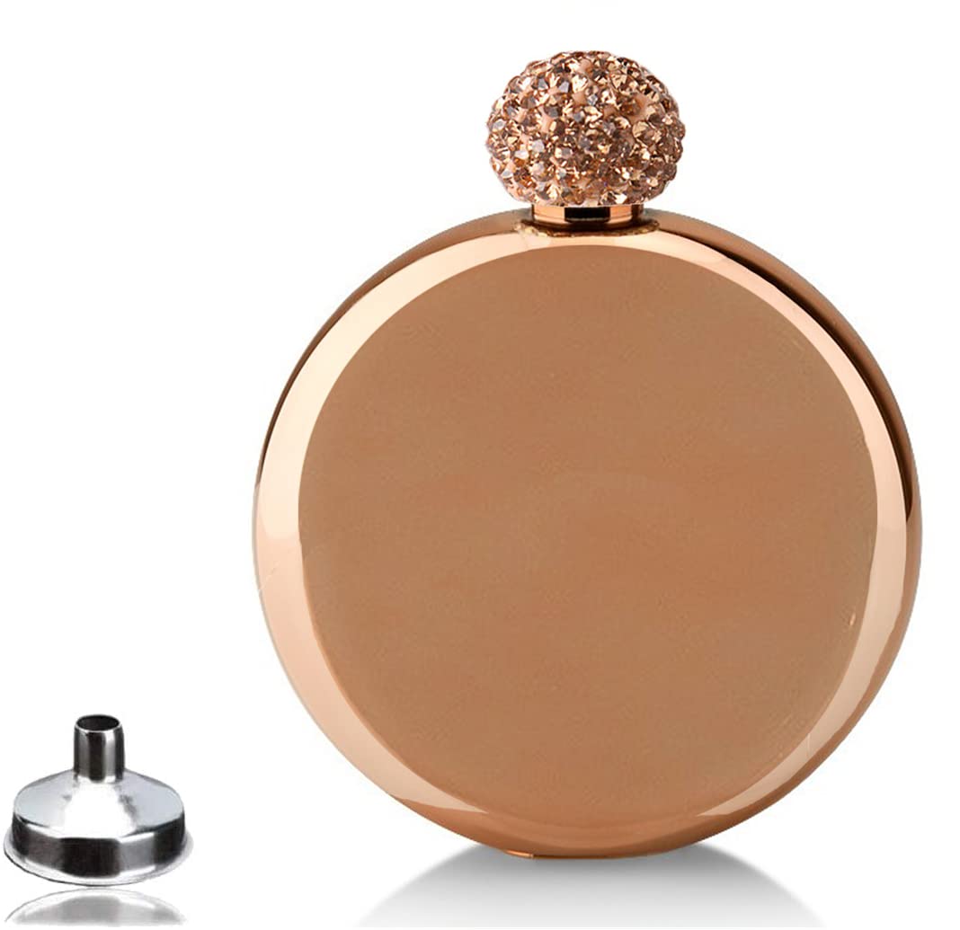 Junya 5oz Hip Flask, Women's Flask with Rose Gold Rhinestone Cap, Pocket Stainless Steel Drinking Flask for Wedding, Bridmaids, Gift Idea for Women (Rose Gold)