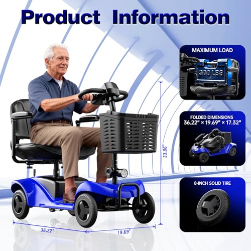 Image of Mobility Scooter,4 Wheel Mobility Scooter,28 Miles Range,300W Motor, 300LBS Capacity,Lightweight and Portable,with LED Headlights and Basket,Charger Included,Blue