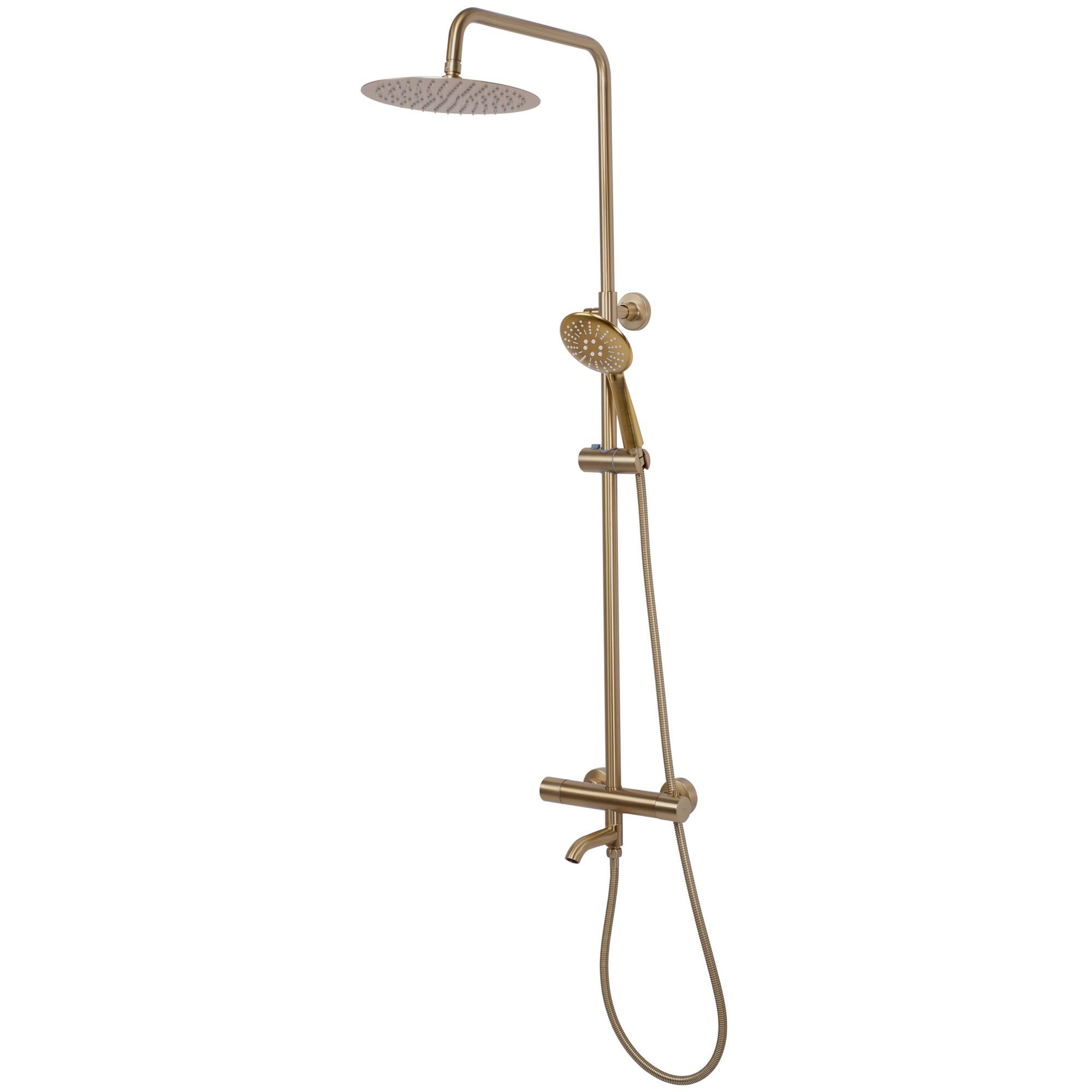 Rea - Colonna Doccia Con Termostato Lungo Gold Brush Sistema Doccia In Ottone Per Bagno (Oro) 45x26,5x117cm