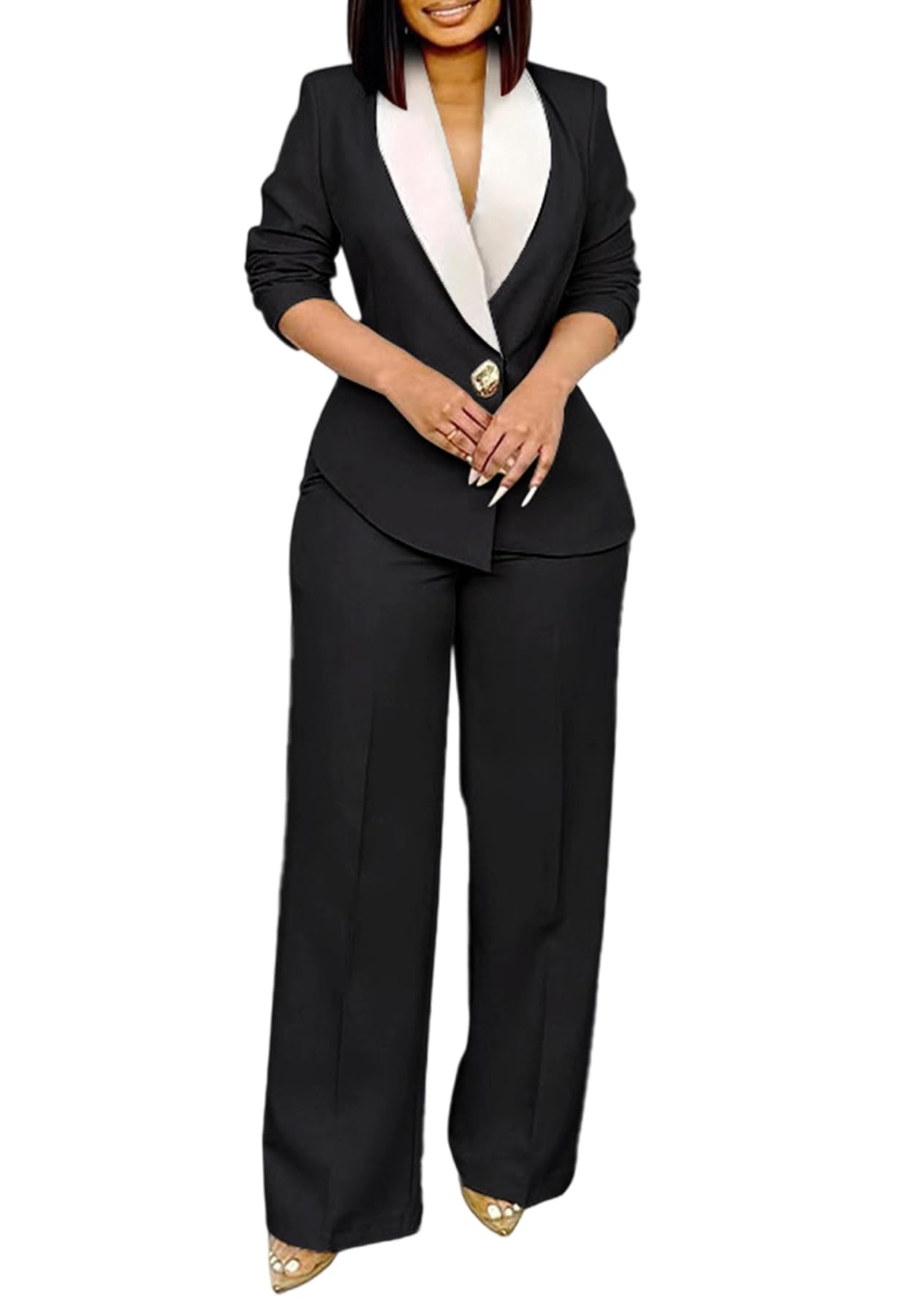 YOOTIKO Womens Suits 2 Piece Set Casual Business Lapel Blazer Wide Leg Pants Office Work Suits Set