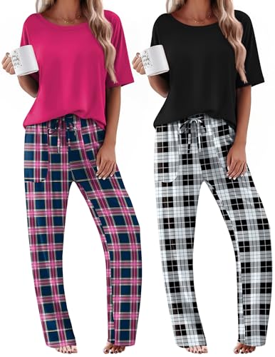Image of Ekouaer 2 Pack Womens Pajamas Sets Short Sleeve Long Pants Pjs Lounge Set