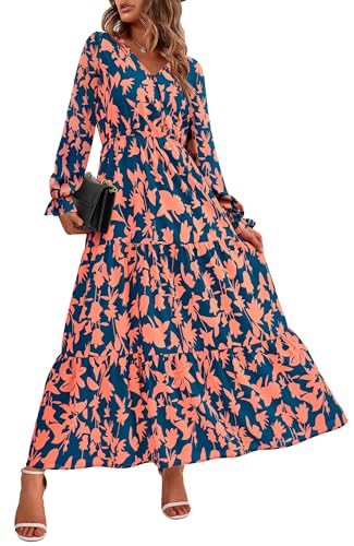 BTFBM Women Fall Dresses 2025 Casual Long Sleeve V Neck Maxi Dresses Floral Boho Long Dress Wedding Guest Dress