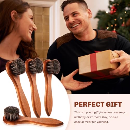 Image of 4 Pcs Horsehair Shine Shoes Brush Kit Polish Dauber Applicators Cleaning Leather Shoes Boots Care Brushes Suede Cleaner Brush with Microfiber Shoe Cloth(Brown Handle B)