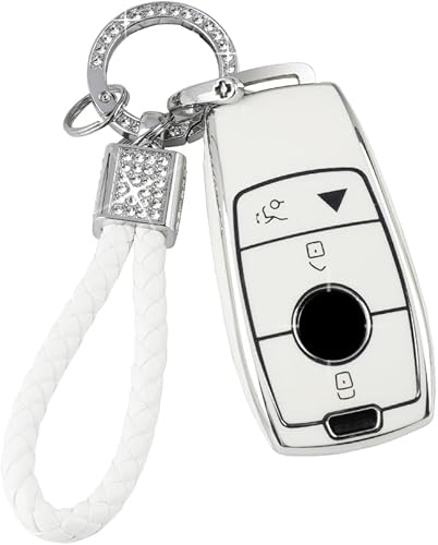 PIFOOG Funda para Llavero de TPU con Cadena de Llaves Brillante, Llaveros de Entrada sin Llave, Botones de Protección, Blanco Plateado, Blanco y