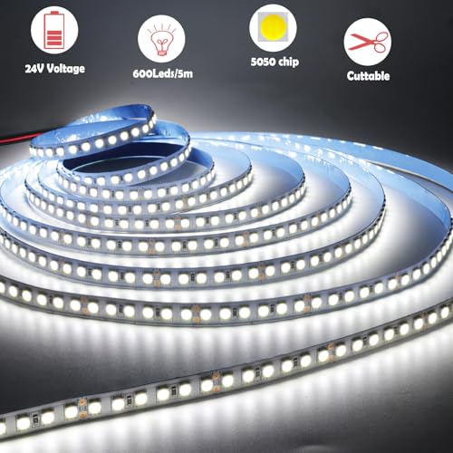 Tira de LED 24V blanca 6000K 16.4 pies 600 LEDs SMD 5050 miniatura 3