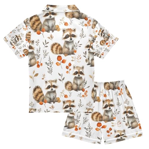 senya Raccoon Autumn Leaves Satin Summer Pajama Sets Silk Short Sleeve Button Down Sleepwear2