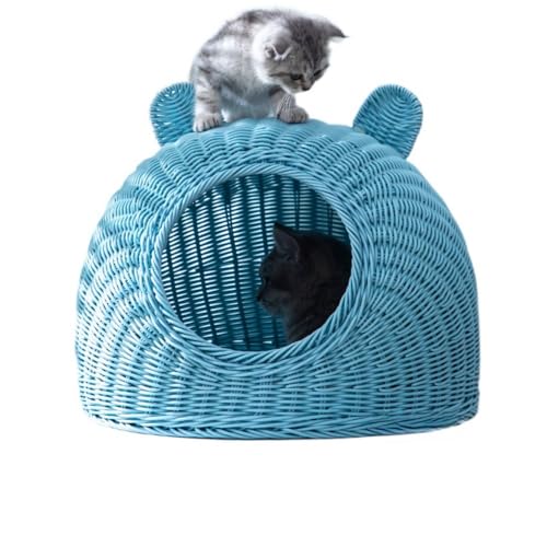 uyiutm 猫砂 洗える オールシーズン 夏 籐の砂 半閉じ 通気性 ペット砂 猫ハウス ドーム 猫ハウス 猫ベッド 猫ケージ 猫ケージ 猫ハウス 猫ベッド おしゃれ 大型 丸皿 (L,ブルー+夏寝蓙)