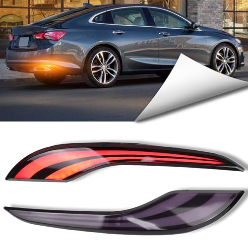 Image of LED Rear Bumper Reflector Lights Compatible with Chevy Malibu RS 2019-2024 Tail Brake Fog Lamp DRL Turn Signal (Smoked)