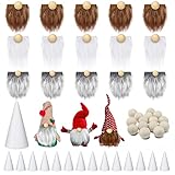 Sosation 60 Pcs Gnomes Beard Sets Faux Fur Pre Cut Gnomes Beard Foam Cone Foam Handmade Wood Balls for Halloween Christmas Day Crafts(Grey, Brown, White)