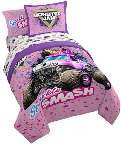 Image of Monster Jam Full Comforter Set 7 Piece Kids Bedding for Girls, Pink | Sparkle Smash, Bed in a Bag, Comforter Sheets Shams Pillowcases, Soft Microfiber, Machine Washable, Girls Gift