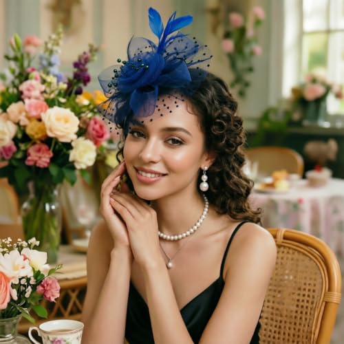 Image of DRESHOW Fascinators Hat Flower Mesh Ribbons Feathers on a Headband and a Clip Tea Party Headwear for Girls and Women