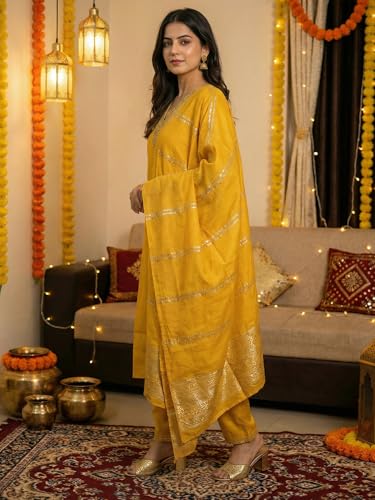 Image of INDO ERA Women's Viscose Self Design Straight Kurta with Pant & Dupatta Set