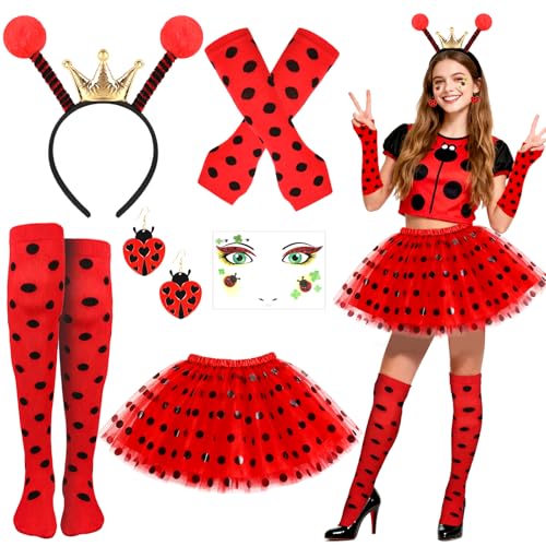 Beipegin 6 Pièces Deguisement Coccinelle Femme, Deguisement Adulte Carnaval, Tutu à Pois Noirs, Serre-Tête Coccinelle, Boucles d'oreilles, Chaussettes,...