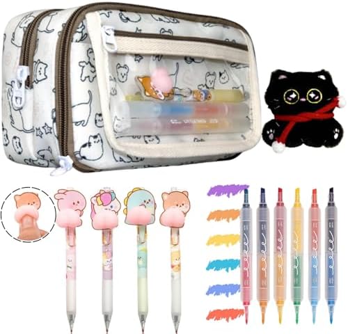 Cute Cat Pencil Case for Girls, Large Zippered Pencil Pouch with Compartments, Aesthetic School Supplies Stationery Set, Back to School Gift for Teen Girls and Boys (Cat-L, White)