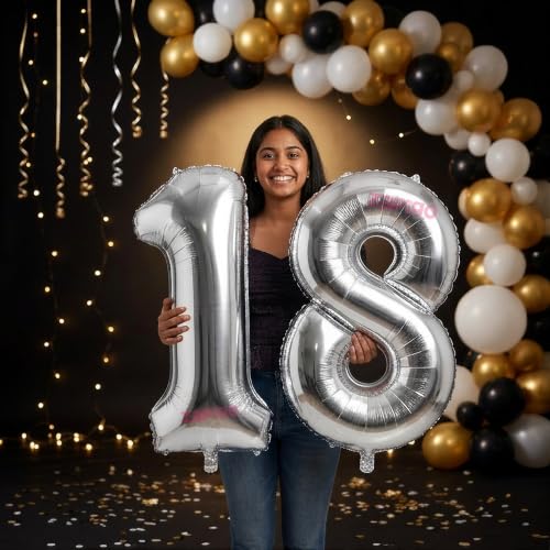 Image of Balloonistics Silver 40-Inch Foil Number 18 Balloon - Fill with Helium or Air for 18th Birthday, Anniversary Party Decoration, Photo Booth Backdrop, Cake Table Decor
