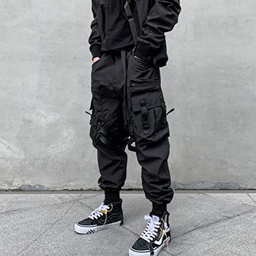 Ribbon Multi-Pocket Cargo Pants Men Hip Hop Streetwear Jogger Pants Black Techwear Male Pencil Trousers3