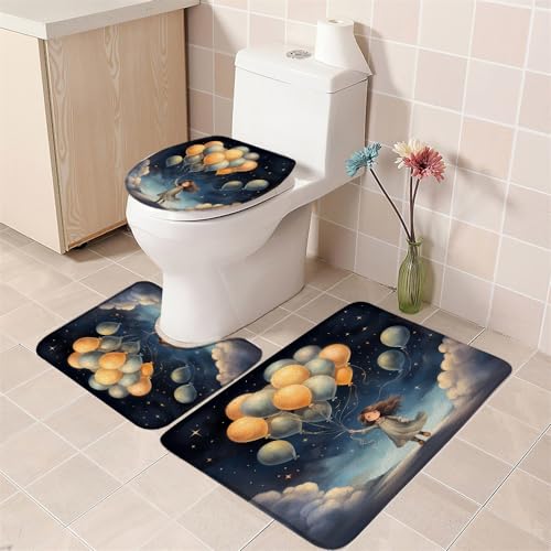 3PCS Balloon Bath Mat Set Little Girl Holding a bunch of Balloons White Cloud Starry Sky Watercolor Bathroom Kitchen Floor Mat Doormat,Toilet Lid Cover and Bath Mat Microfiber Home Decoration Rug