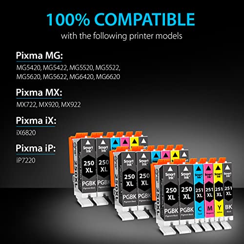 Smart Ink Compatible Ink Cartridge Replacement For Canon Pgi 250 Pgi-250 Xl Cli 251 Cli-251 (6Pgbk &3Bk/C/M/Y 18 Pack Combo) For Pixma Mg5420 Mg5422 Mg5520 Mg5522 Mg5620 Mg6620 Ip7220 Ix6820 Mx722 #TOP2