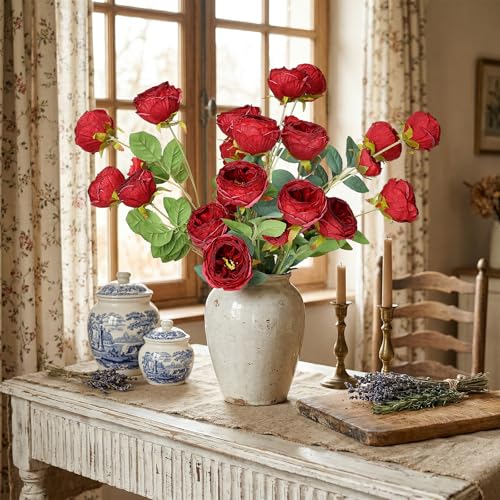 XOETCP 4 PCS Faux Silk Peonies Flowers - Vintage Artificial Peony Stems with Long Stem for Vase Pot Decorations Home Decor - Red — view 6