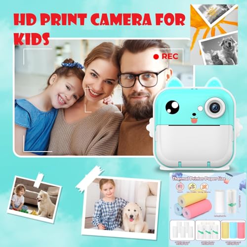 Image of CADDLE & TOES Instant Print Camera for Kids - 1080P HD, 48MP, SD Card, Bluetooth, Free App, 3 Rolls Print Paper, Stickers, Fun Filters, Gift for Kids (Blue with Printer ROLL Set)