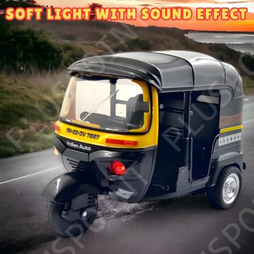 Image of PLUSPOINT Auto Rickshaw Toy,with Pull Back Action City Traffic Vehicles Public Transport Toy with Light and Sound for Aged 3 4 5 6 Boys and Girls,Kids Party Favors Gifts (Auto Rickshaw) (Black)