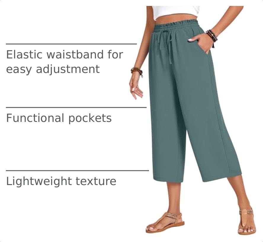 Image of Anyhold Women's Capri Pants Drawstring Casual Palazzo Trousers with Pockets Loose High Waisted Wide Leg Lounge Pants