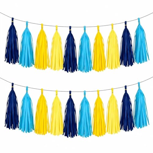 Image of Blue and Yellow Tassel Garland Banner Tissue Paper Tassels for Birthday Party Decorations,Pack of 20