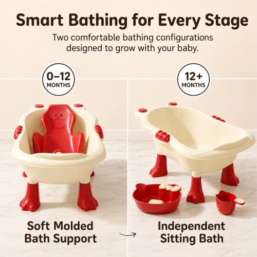 Image of StarAndDaisy Baby Bath Tub for 0 to 5 Years with Bathing Accessories Tray & Mug | Baby Bather for 0 to 2 Years | BPA Free Baby Bath tub for Kids 0-3 Years with 4-Leg Support (Cream-Red., Bathtub with Legs)