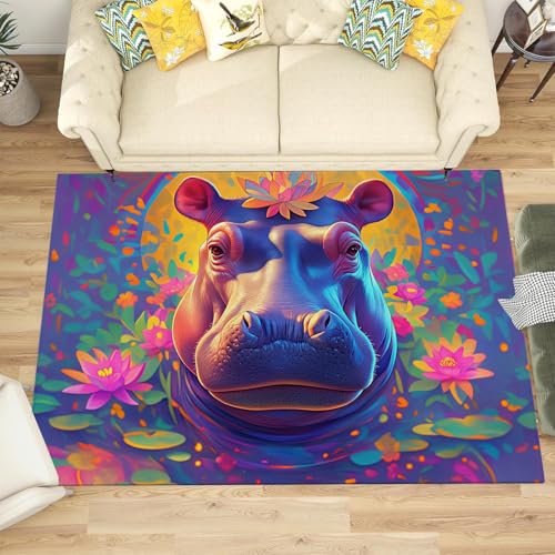 Tapis lavable antidérapant bleu et violet visage hippopotame